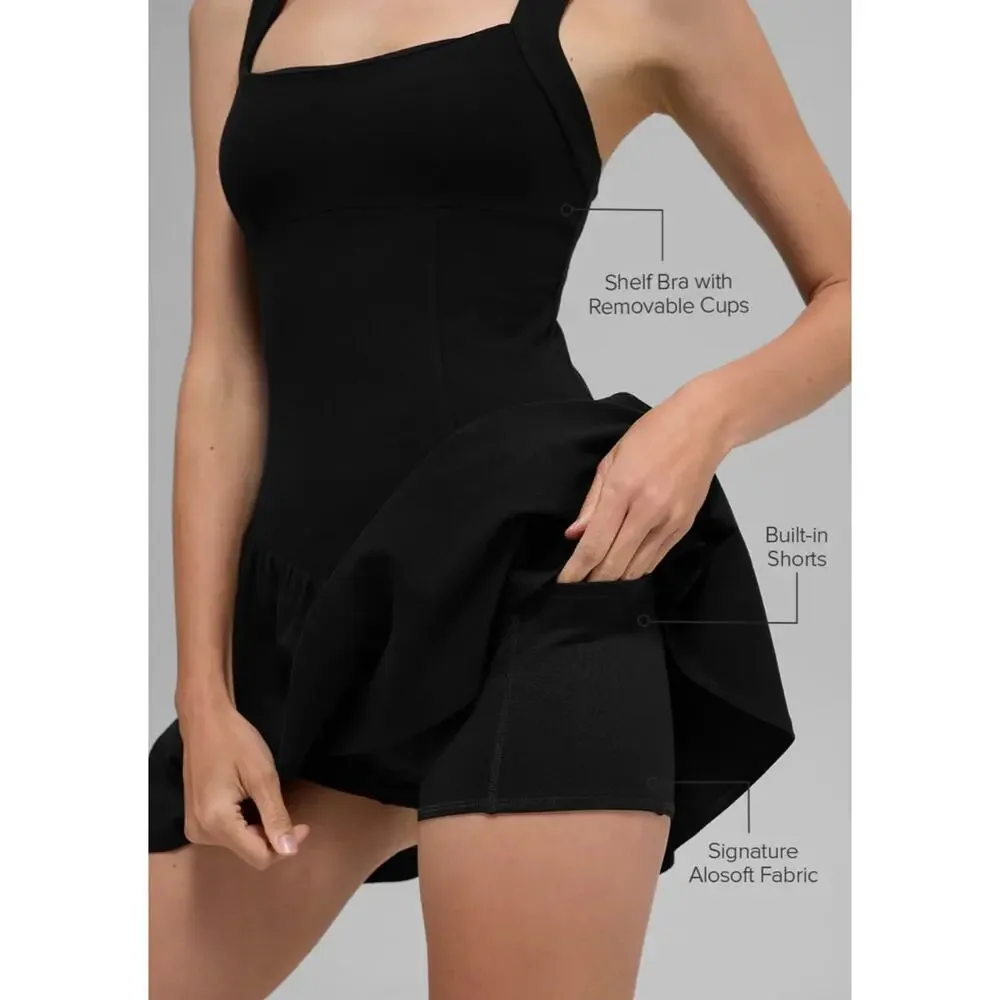 Alo Yoga Alosoft Break Point Tennis Dress in Black, Size Medium